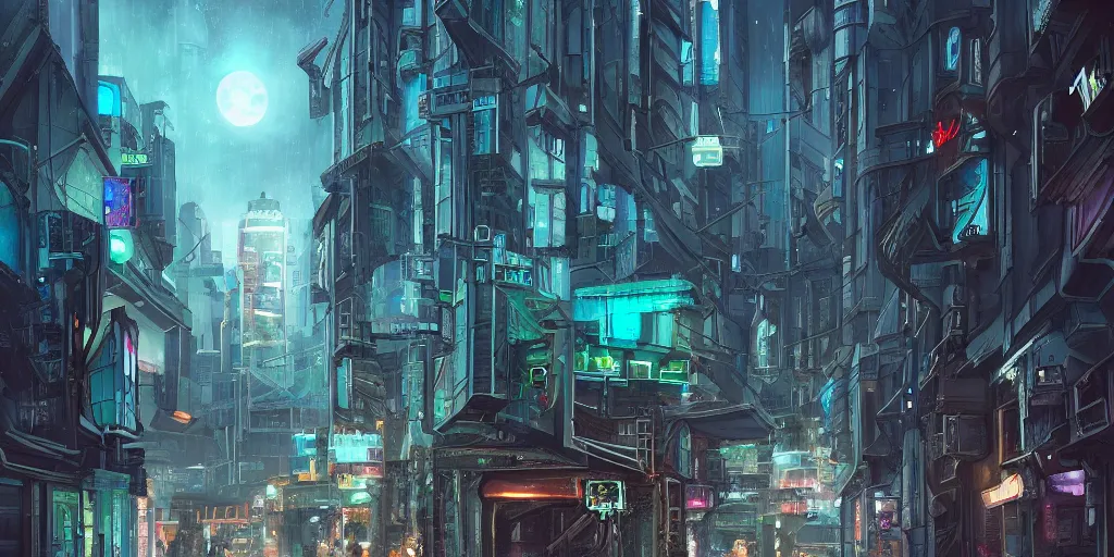 Prompt: atlantis style, small building, city, street, science fiction, cyberpunk, rain day, wide angle, full of people, moon, a lot of lights, cinematic lighting, high detail, digital painting, concept art, illustration, smooth, sharp focus, trending on artstation, trending on deviantart, 4 k