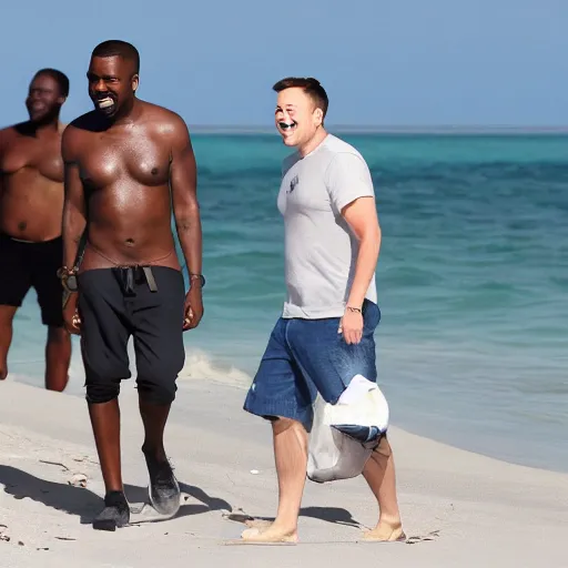 Image similar to elon musk and kanye west happy smiling laughing walking around the beach in aruba