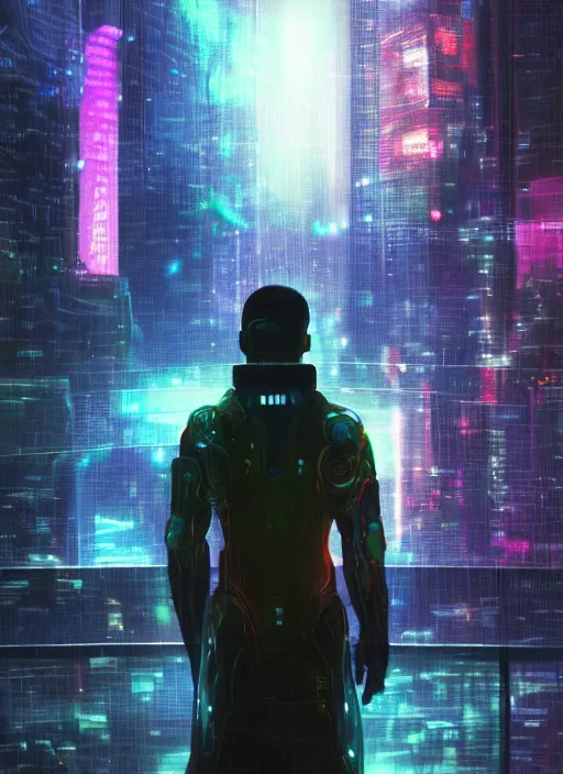 Prompt: one cyber godly person made of cosmic nebula galaxy energy watching a rainy colorful complex cyberpunk futuristic holographic city from behind at night through a window in a room, reflections, 8 k, photorealistic, concept art, wet, highly detailed, cinematic mood by ridley scott, ghost in the shell, trending on artstation, glowing and epic