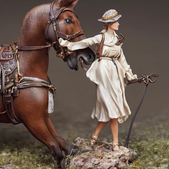 Image similar to 80mm resin detailed miniature of a Woman with a Horse, Product Introduction Photos, 4K, Full body, simple background