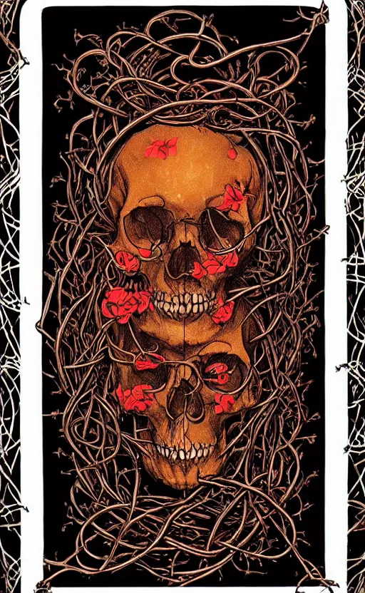 Image similar to tarot card of human skull wrapped in vines + black paper + elements + red + gold + neon + baroque + rococo + white + orange + ink + tarot card with ornate border frame + marc simonetti, paul pope, peter mohrbacher, detailed, intricate ink illustration