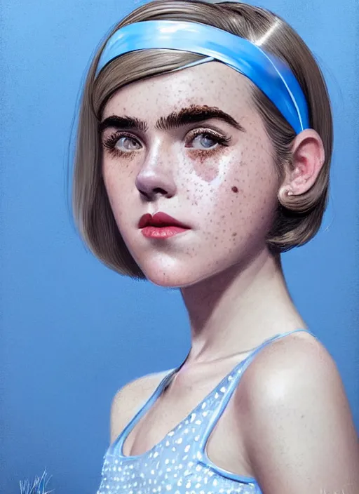 Image similar to portrait of kiernan shipka with freckles, white hair, 1 9 6 0 s bob hairstyle with bangs and hairband, blue 1 9 6 0 s dress, intricate, elegant, glowing lights, highly detailed, digital painting, artstation, concept art, smooth, sharp focus, illustration, art by wlop, mars ravelo and greg rutkowski