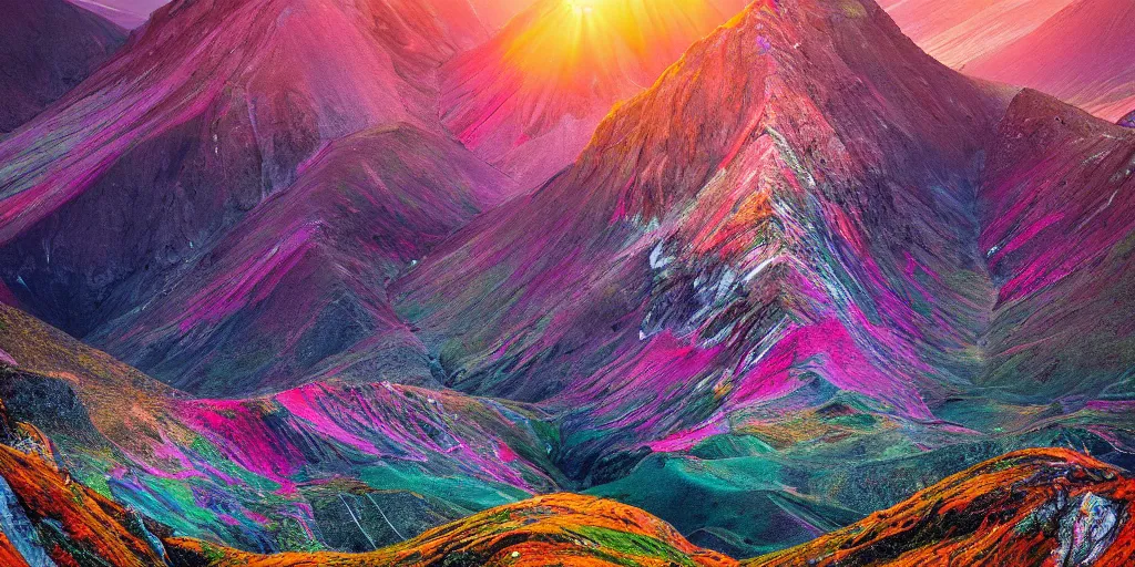 Prompt: psychedelic floral mountainside, vibrant sunrise, by max muench