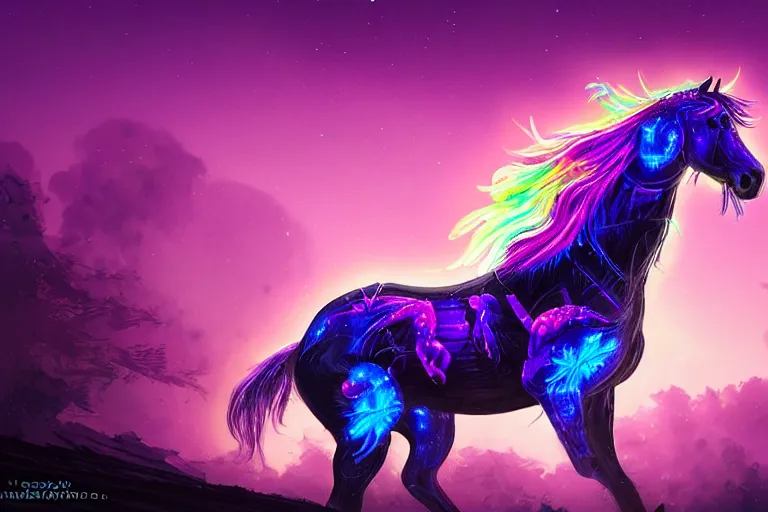 Image similar to a stunning horse with bioluminescent mane and tail running by sandra chevrier and greg rutkowski, neon hooves, purple blue color scheme, vaporware, retro, outrun, high key lighting, volumetric light, digital art, highly detailed, fine detail, intricate, ornate, complex, octane render, unreal engine, photorealistic