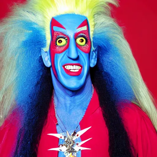 Image similar to UHD color candid photo of Dee Snider dressed as cosmic Freakazoid, accurate face, vivid colors, UHD photorealistic correct face photo by Annie Leibowitz