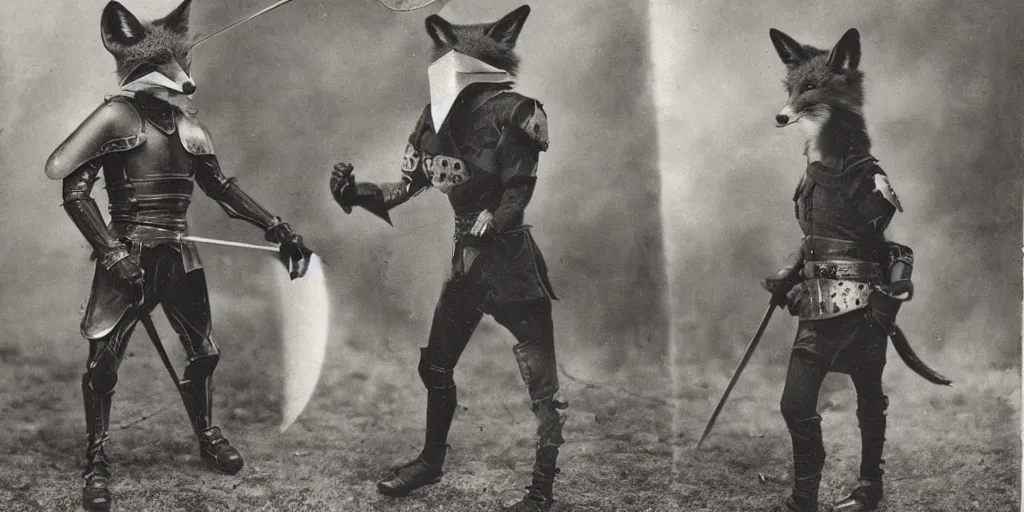 Prompt: an anthropomorphic fox furry fighting an evil knight who is twice as tall, 1 9 0 0 s photograph