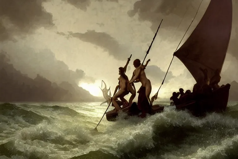 Image similar to ancient historically accurate depiction of Bible Character walking on water during a storm, a small fishing sailboat with scared sailors on board, dramatic lighting by frank miller, illustration by Ruan Jia and Mandy Jurgens and William-Adolphe Bouguereau, Artgerm, 4k, digital art, surreal, space dandy style, highly detailed, godsend, artstation, digital painting, concept art, smooth, sharp focus, illustration by Ruan Jia and Mandy Jurgens and William-Adolphe Bouguereau, Artgerm