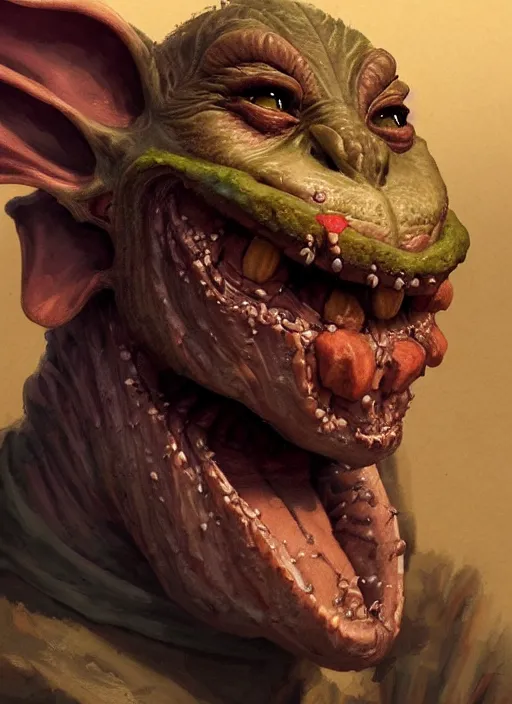 Prompt: portrait of a medieval goblin eating cakes, beautiful face, hyper realistic, highly detailed, digital painting, artstation, illustration, concept art by hyung tae and frank frazetta, digital paint, matte paint, washed colors, dark, gloomy