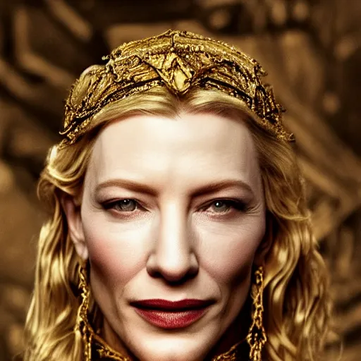 Image similar to Portrait cate blanchett ancient biblical, sultry, sneering, evil, pagan, wicked, queen jezebel, wearing gilded ribes, highly detailed, painting