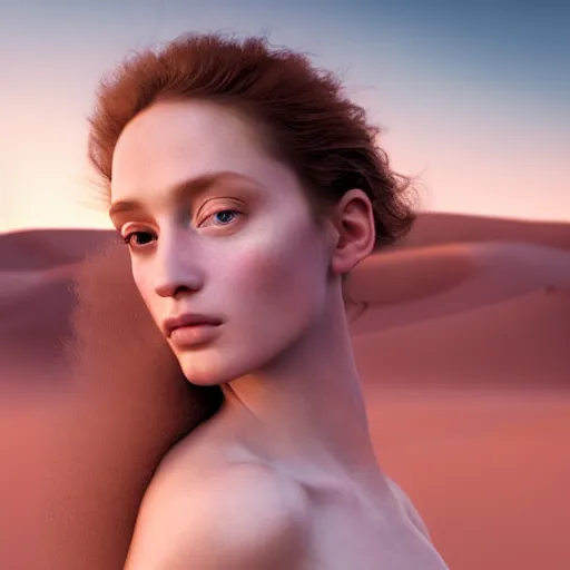 Image similar to photographic portrait of a stunningly beautiful renaissance female in soft dreamy light at a desert sunset, contemporary fashion shoot, by edward robert hughes, annie leibovitz and steve mccurry, david lazar, jimmy nelsson, breathtaking, 8 k resolution, extremely detailed, beautiful, establishing shot, artistic, hyperrealistic, beautiful face, octane render