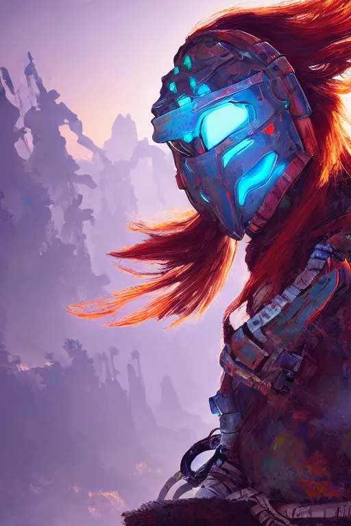 Image similar to combination suit armor aloy horizon forbidden west horizon zero dawn radiating a glowing aura global illumination ray tracing hdr fanart arstation by ian pesty and alena aenami artworks in 4 k tribal robot ninja mask helmet backpack