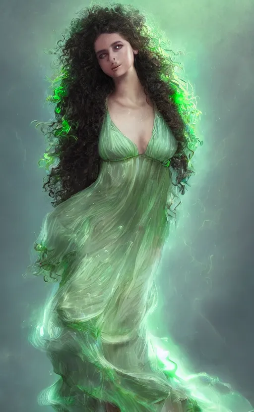 Image similar to a young woman with wild, curly hair and bright green eyes. she's wearing a flowing dress made of light, airy fabric and she has a mischievous look on her face, dynamic lighting, photorealistic fantasy concept art, trending on art station, stunning visuals, creative, cinematic, ultra detailed