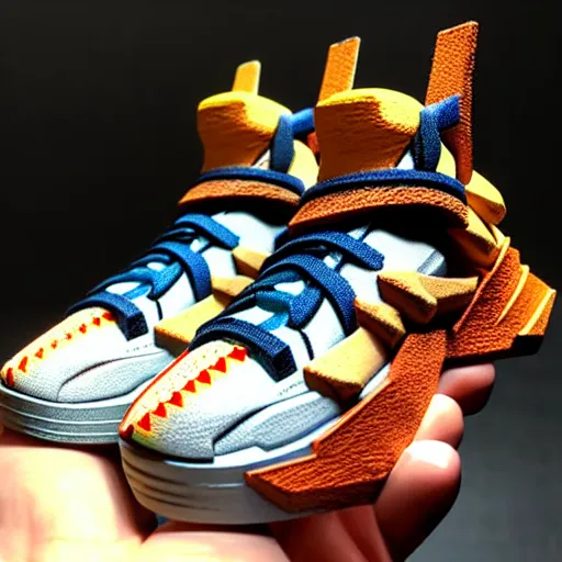 Prompt: realistic scultpure of sneaker! design, sneaker design overwatch fantasy style mixed with aztec mayan native street fashion, focus on sneakers only, shoes designed by akira toriyama and studio ghibli