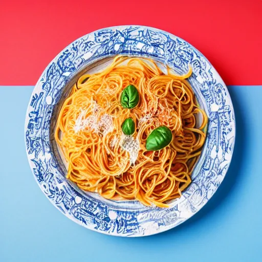 Image similar to highly detailed illustration of a plate of spaghetti on top of a blue and wooden table