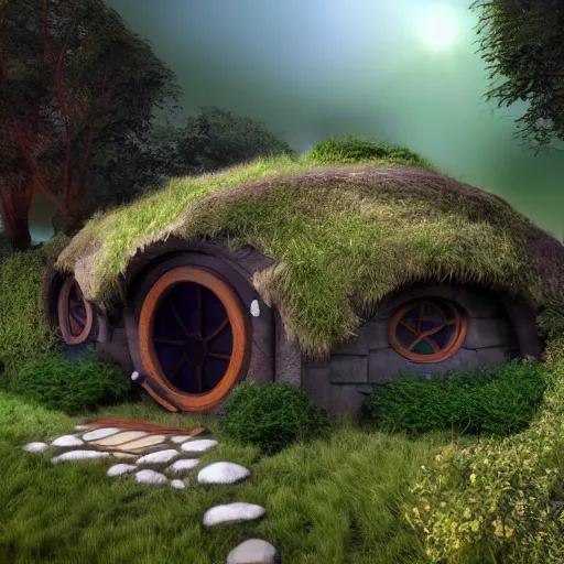 Image similar to hobbit house,doodad,realistic,volumetric lighting,sharp focus,photorealistic,detailed