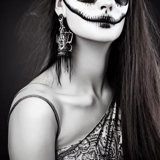 Image similar to A new dark hero for blockbuster movies. A beautiful woman wearing a silver skeletal mask, engraved with ancient detailed patterns. Attractive eyes. A fearless smile. Blurred background. Earrings.