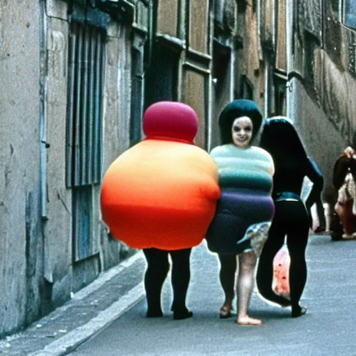 Image similar to two women dressed as squishy inflatable toys from behind, on the streets of rome, film still, fellini 1977 technicolor