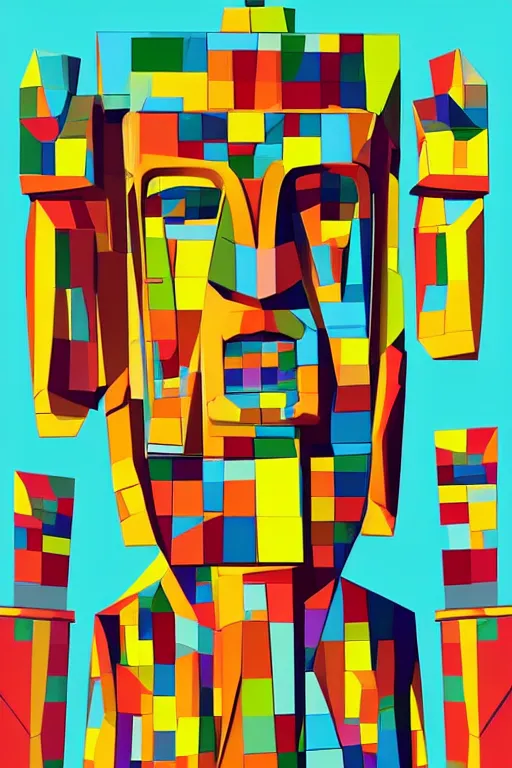 Image similar to abstract cubist moai statue geometric cutout digital illustration cartoon colorful beeple