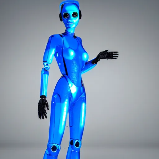 Image similar to a beautiful female robot human hybrid wearing a blue latex jumpsuit, circuitry glowing through the suit like tron, face, torso, legs, feet, epic angle, octane render, photo realistic, hyper realistic, 8 k resolution in the style of alvin schwartz