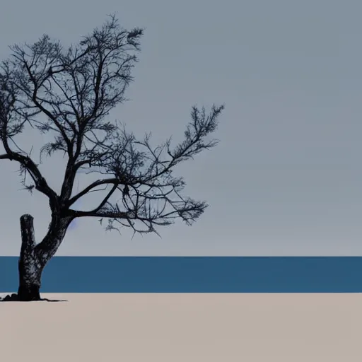 Image similar to a singled barren dead tree on a tiny island surrounded by a peaceful calm ocean, minimalist art, stylized illustration, dull color palette
