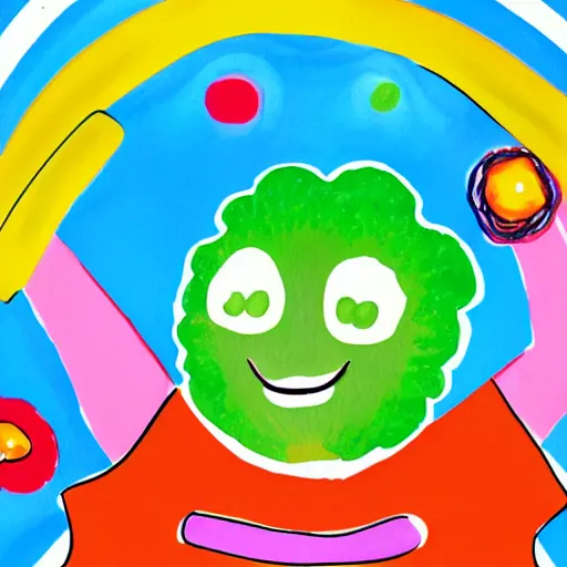 Image similar to a children illustration of a smiling happy broccoli, he is dancing, vivid bright colors