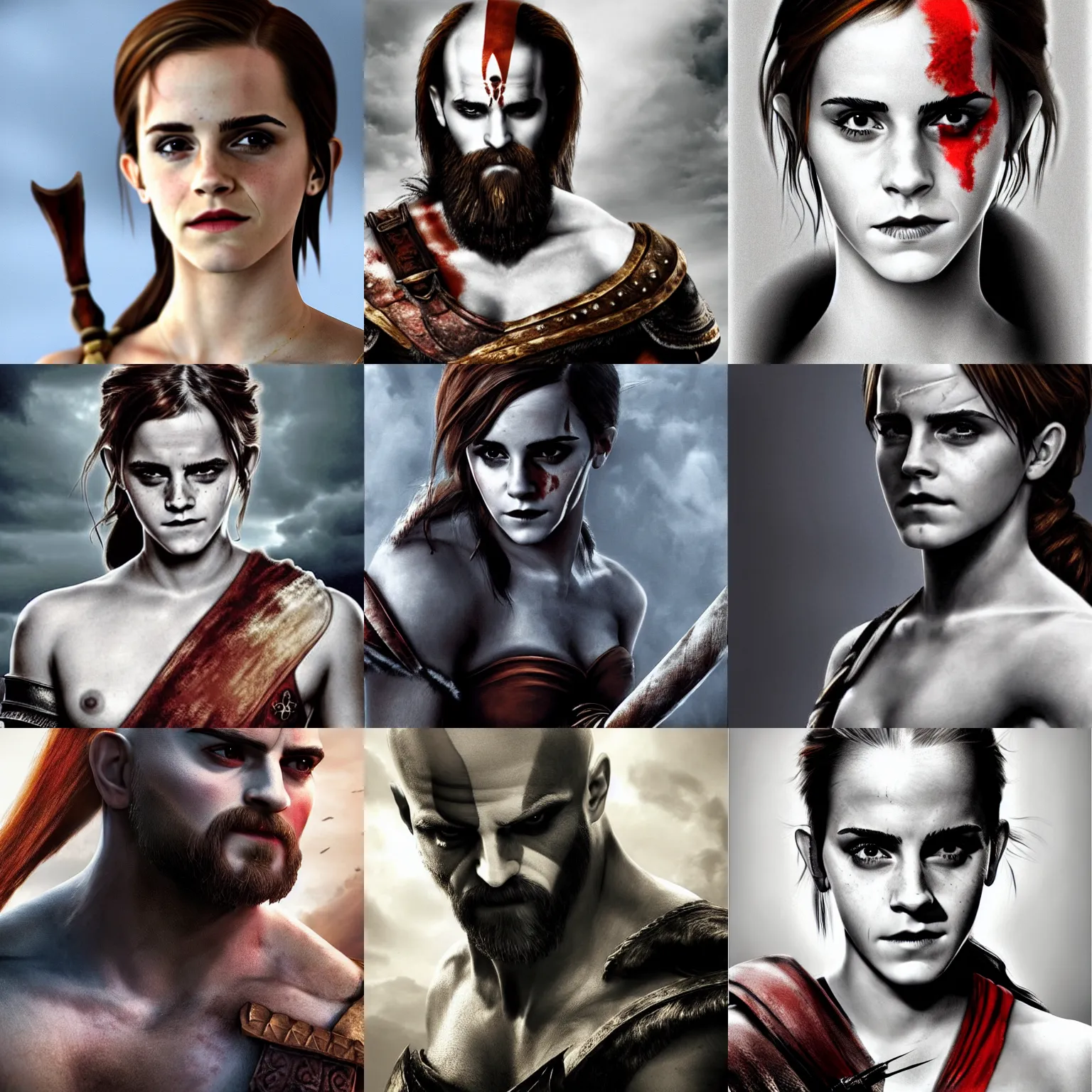 Prompt: Emma Watson as Kratos, brutal, portrait