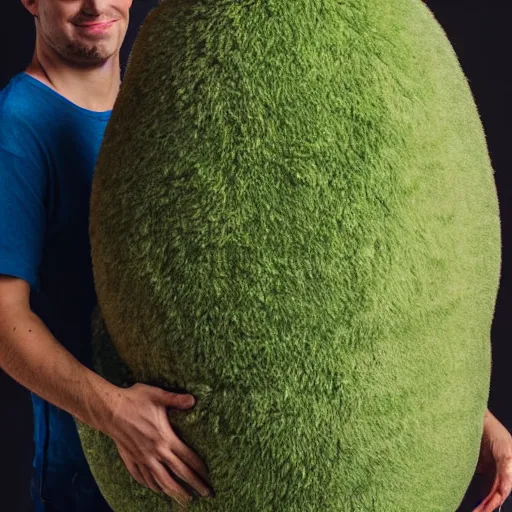 Image similar to a man in a furry avocado costume, portrait photography, close up, sigma 8 5 mm