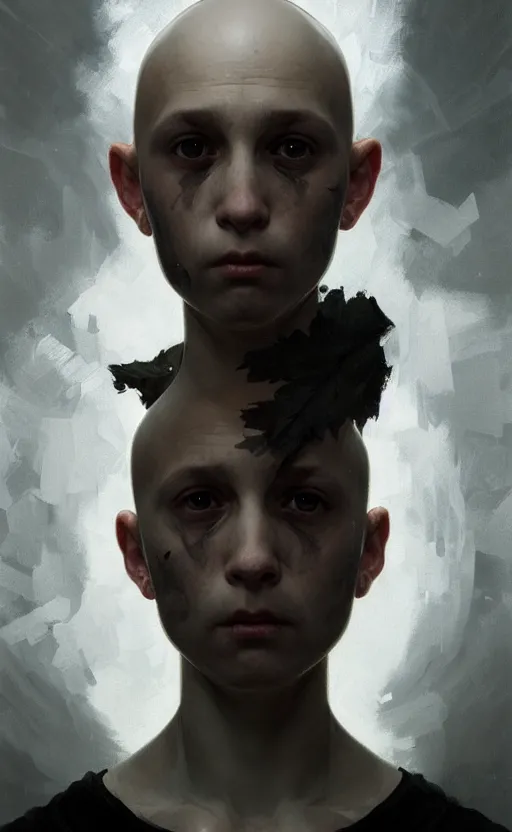 Prompt: a detailed portrait of a weird looking sick human child, white skin, bald, white eyes, black background, concept art, deep focus, intricate, highly detailed, digital painting, artstation, matte, sharp focus, illustration, art by greg rutkowski and alphonse mucha