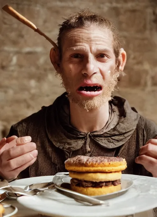 Image similar to closeup portrait of a medieval goblin eating cakes in the cloisters, depth of field, zeiss lens, detailed, symmetrical, centered, fashion photoshoot, by Annie Leibovitz and Steve McCurry, David Lazar, Jimmy Nelsson, Breathtaking, 8k resolution, extremely detailed, beautiful, establishing shot, artistic, hyperrealistic, beautiful face, octane render