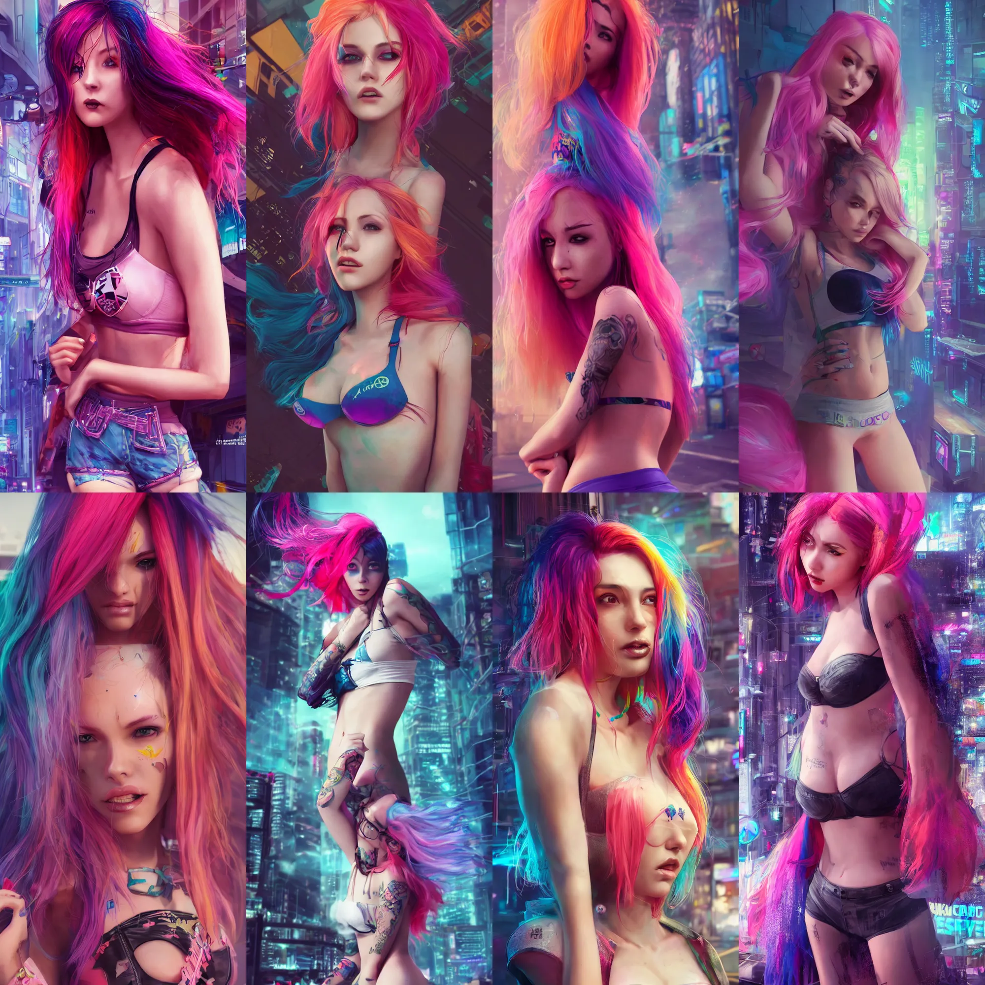 Prompt: gorgeous woman with colorful hairs, wearing bra and shorts streetwear, cyberpunk city street, fashion photography, costume design, illustration, cinematic color grading, editorial photo, fashion, hyperrealism, trending on artstation, by charlie bowater and by wlop, detailed, intricate, elegant, vfx, postprocessing, octane render, 8 k