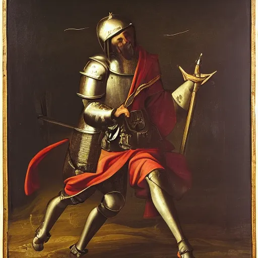 Image similar to a single tired knight returning from the crusades, baroque