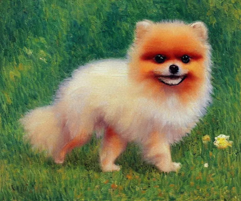 Image similar to pomeranian, cute, monet, oil painting