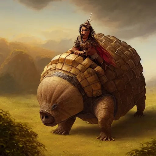 Image similar to incan riding a glyptodon, fullbody, fantasy, intricate, elegant, highly detailed, digital painting, artstation, longspear, concept art, smooth, sharp focus, illustration, art by greg rutkowski and justin gerard