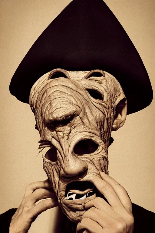 Image similar to portrait photo of an old wrinkled man, skinny face, bony face, long crooked nose, large gaping mouth, black pulcinella mask, masquerade mask, pointy conical hat, white wrinkled shirt, holding pizza, presenting pizza, close - up, skin blemishes, menacing, intimidating, masterpiece by herb ritts