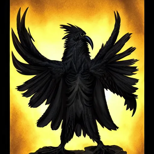 Prompt: An anthropomorphic raven wearing frayed yellow robes while worshipping a black hole. Character art. D&D.