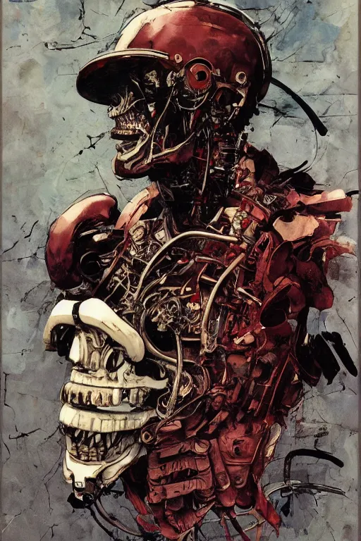 Prompt: full page illustration of a tough looking man wearing a suit with an anatomical heart helmet, by Katsuhiro Otomo, Q Hayashida, Phil hale, Ashley wood, Ilya repin, frank frazetta, 8k, hd, high resolution print