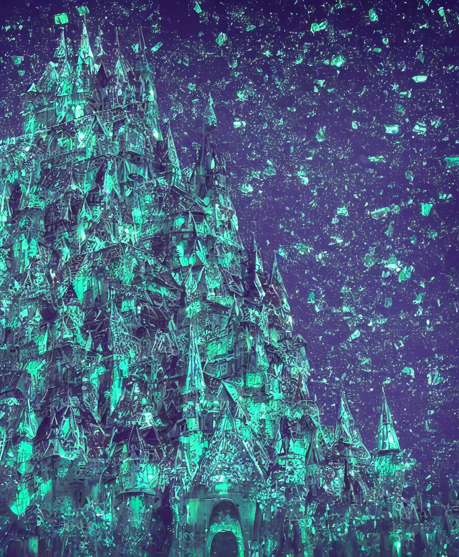 Prompt: an hd artistic photo of futuristic triangular castle, sky objects made of crystals floating around castle, all the things glowing in the dark, highly detailed