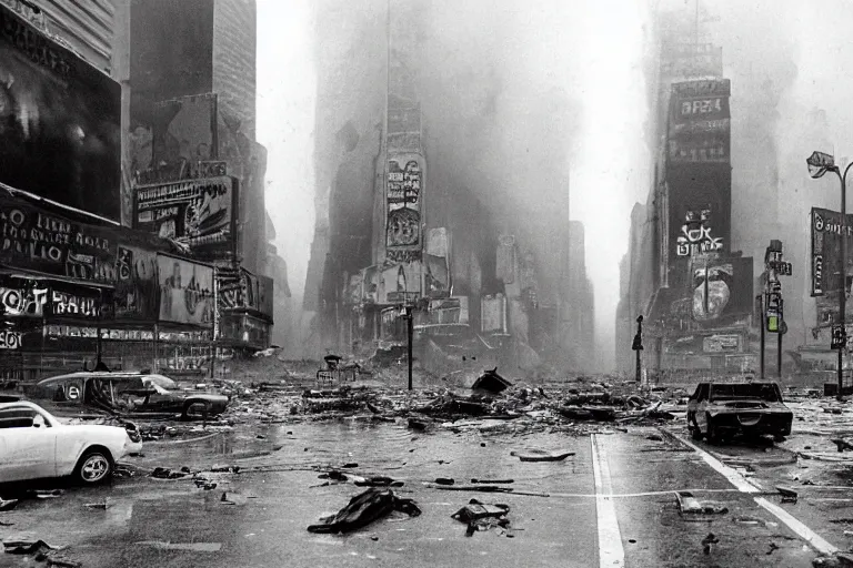Prompt: dark photo of an destroyed times square after a nuclear attack, thunderstorm, gloomy, colorful, desolate