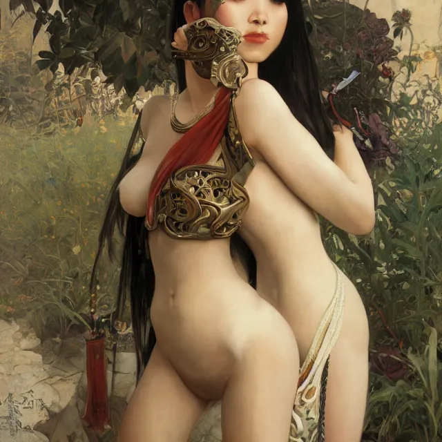 Image similar to asian domme mistress, full body, dominatrix, tribal, smooth white tight clothes suit, ornate, very beautiful, concept art, realistic painting, androgynous, afrofuturism, daz 3 d, cinematic, cgsociety, digital art by greg rutkowski, by alphonse mucha