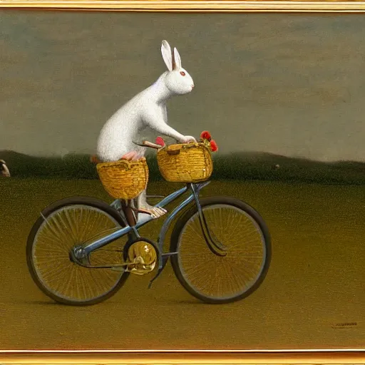 Prompt: rabbit riding a bike by the lake, by michael sowa.