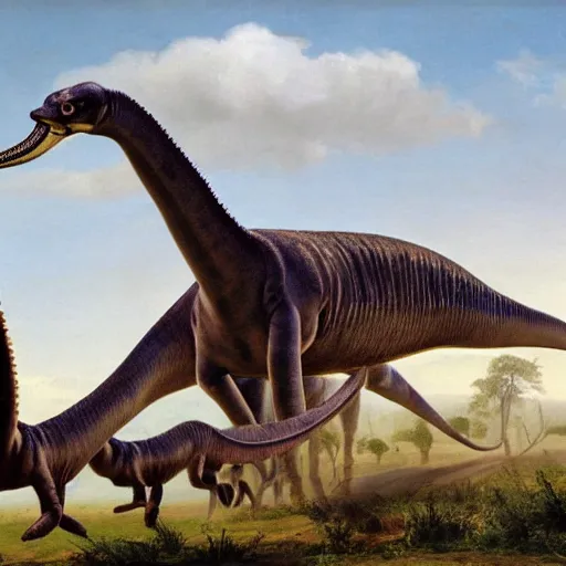 Prompt: group of hunters chasing a diplodocus in the plain, hyper-realist