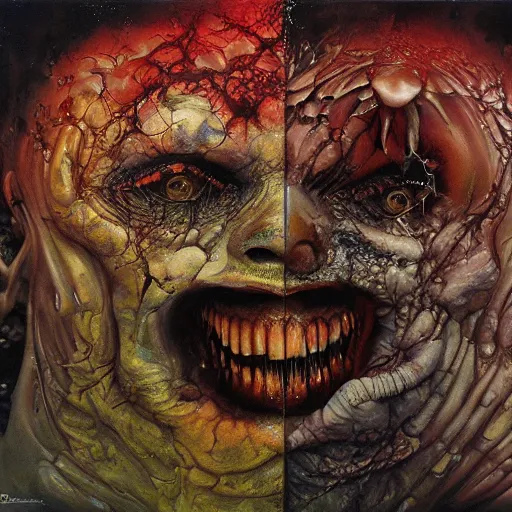 Prompt: grinning faces of evil tearing through reality, hyperdetailed oil painting by annie leibowitz and stephen gammell, inspired by giger and beksinski, alberto seveso