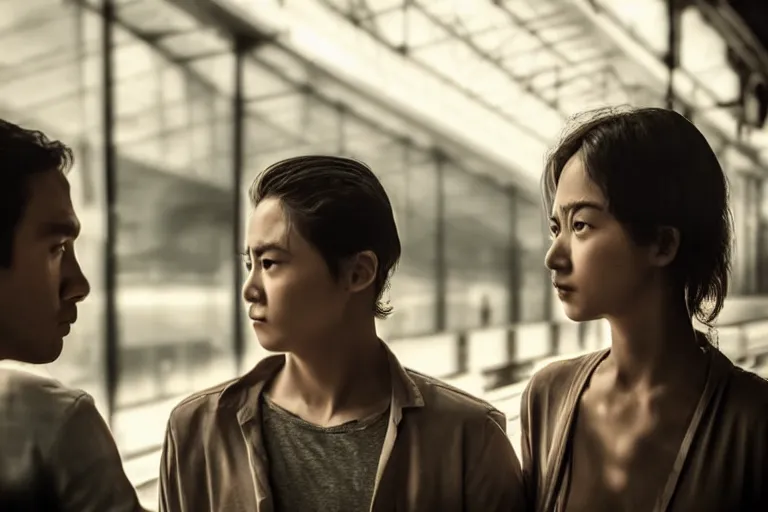 Prompt: vfx movie closeup couple in a train station flat color profile low - key lighting award winning photography arri alexa cinematography, beautiful natural skin, famous face, atmospheric cool color - grade