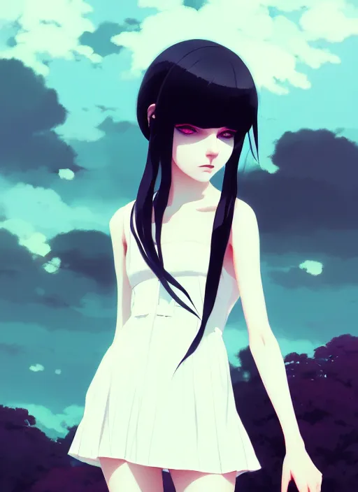 Image similar to portrait of a goth girl by ilya kuvshinov, cloudy sky background lush landscape illustration concept art anime key visual trending pixiv fanbox by greg rutkowski makoto shinkai studio ghibli