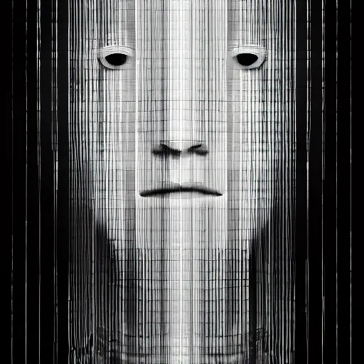 Image similar to defragmentation ( becoming whole with the glitch inside ), in the style of hiroya oku and ryoji ikeda and stanley kubrick, black and white, photorealistic, epic, super technical, 3 d render