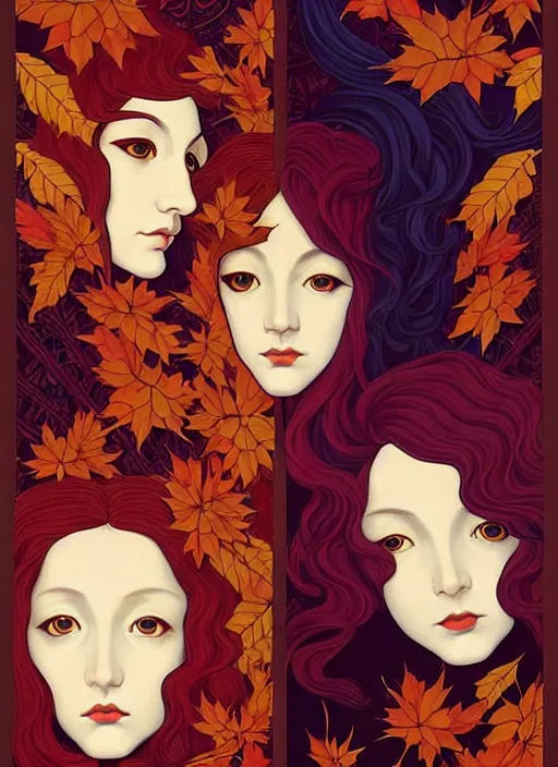 Image similar to 3 Autumn Muses symbolically representing September, October, and November, in a style blending Æon Flux, Peter Chung, Shepard Fairey, Botticelli, Ivan Bolivian, and John Singer Sargent, inspired by pre-raphaelite paintings, shoujo manga, and cool Japanese street fashion, dramatic autumn landscape, leaves falling, deep red gold and royal purple high contrast tones, hyper detailed, super fine inking lines, ethereal and otherworldly, 4K extremely photorealistic, Arnold render