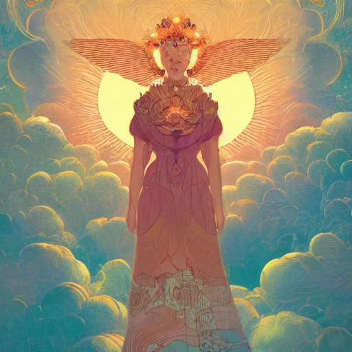 Prompt: an highly detailed illustration of an angel of the sun sol, in the heavens by victo ngai, peter mohrbacher digital art saturated colors