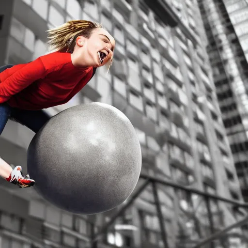 Prompt: Miley Cirus riding a real wrecking ball on the path to a skyscraper, realistic, highly detailed, photo, 4k