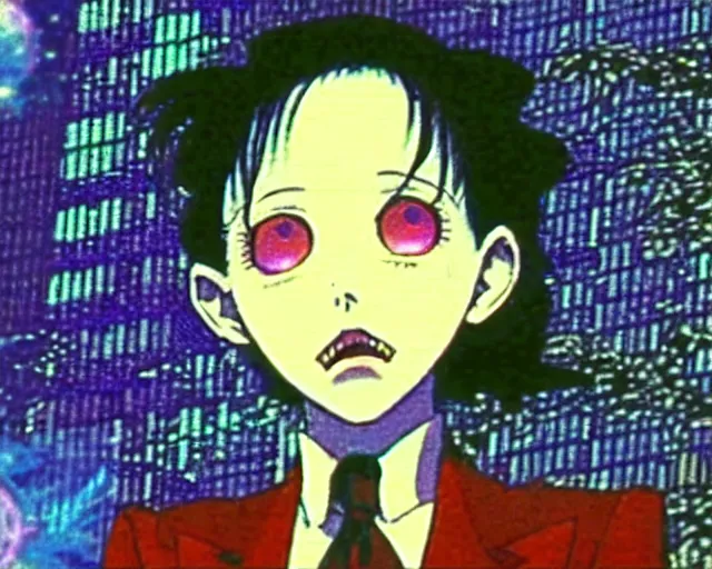 Prompt: blurry and dreamy screencap of a character from 8 0 s horror anime, vampire woman with short hair wearing dress suit with tie, satoshi kon anime, character design by yoshitaka amano and junji ito, glitchy vhs tape, night tokyo in the background, perfect blue color palette, noisy film grain effect, blurry image