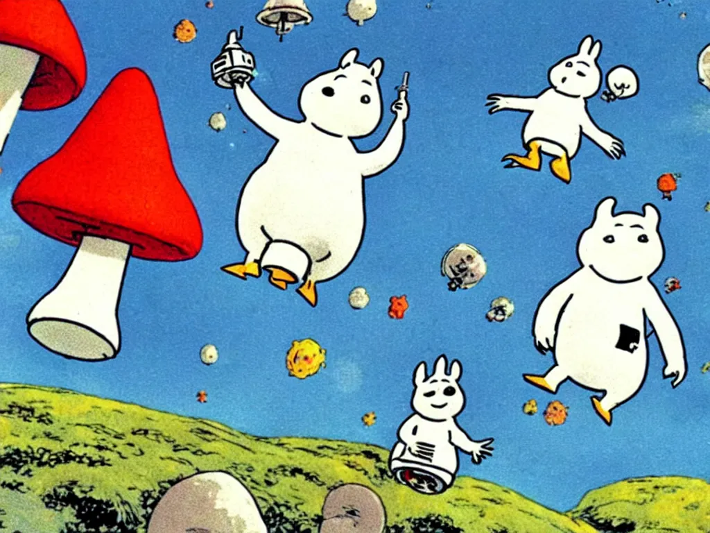 Prompt: moomins in space suits flying around with jetpacks discovering the mushroom planet